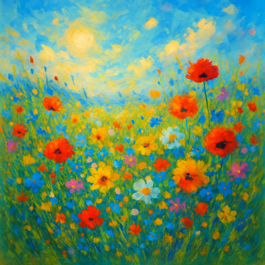 Vibrant painting of a wildflower meadow under a bright sky
