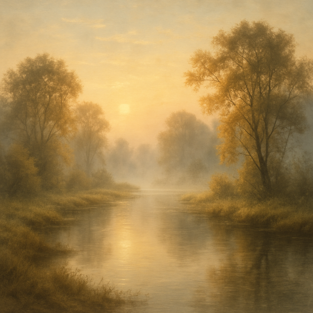 Gentle river landscape at dawn with mist and soft light