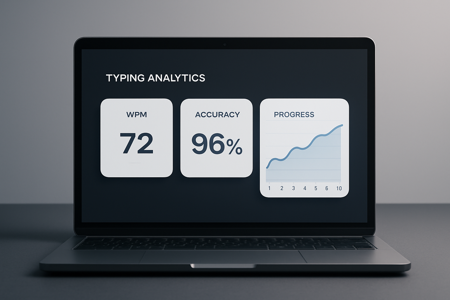 Typing dashboard mockup with WPM, accuracy, and progress chart