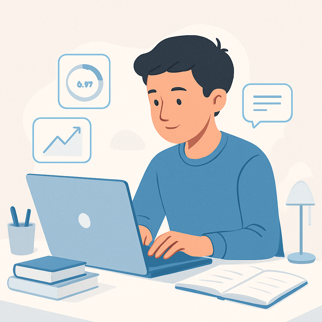 Student practicing typing on a laptop with progress highlights