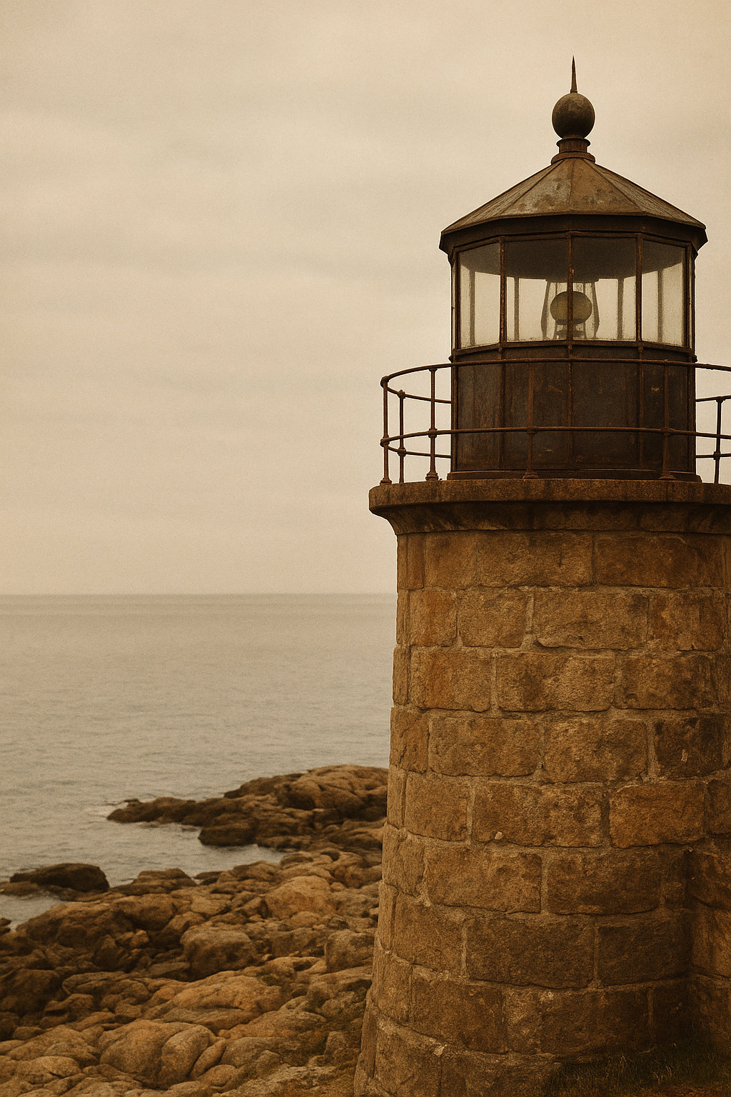 Historic coastal lighthouse with weathered stone walls above a muted shoreline
