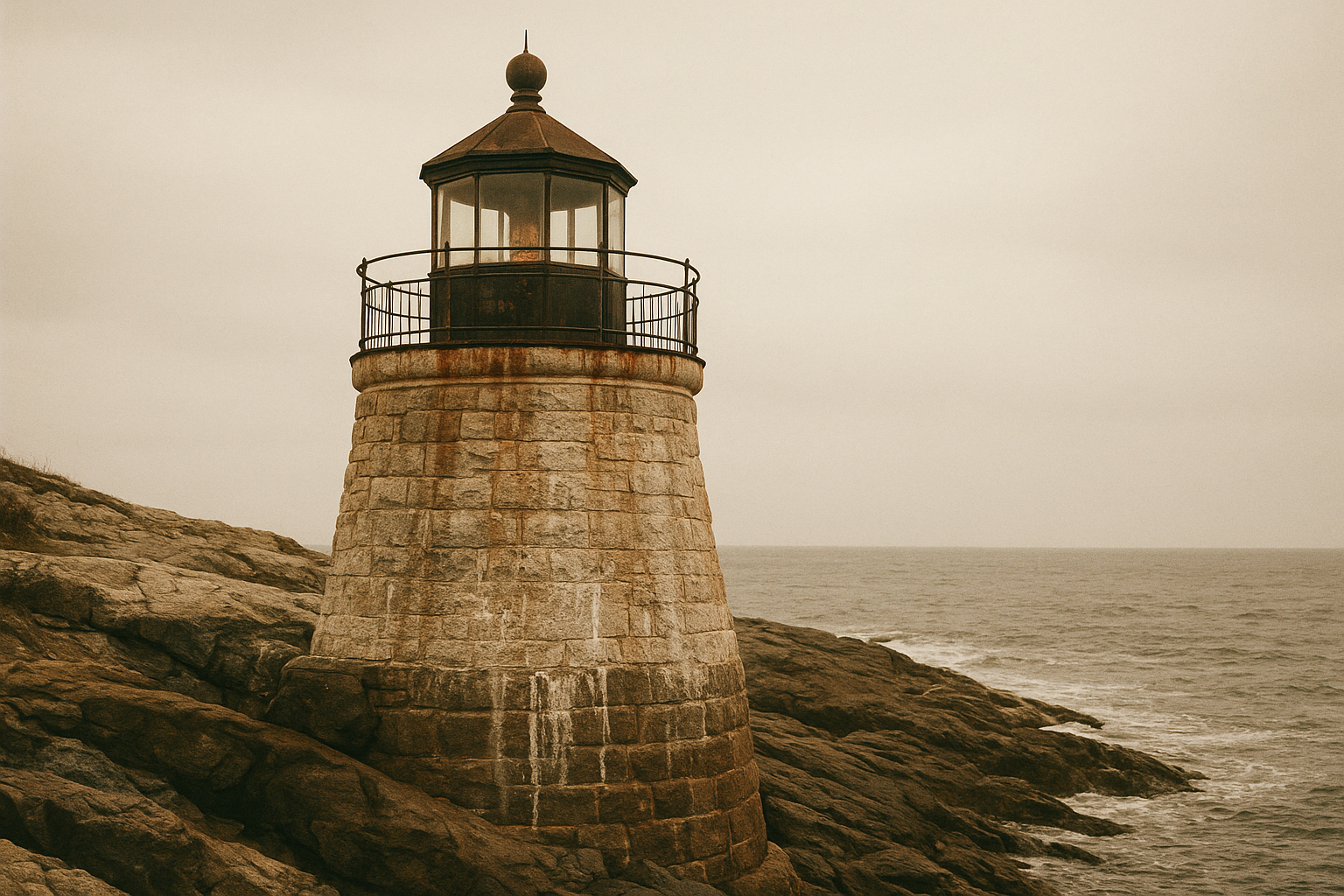 Weathered lighthouse lantern room and stonework above a wind-worn northern coastline