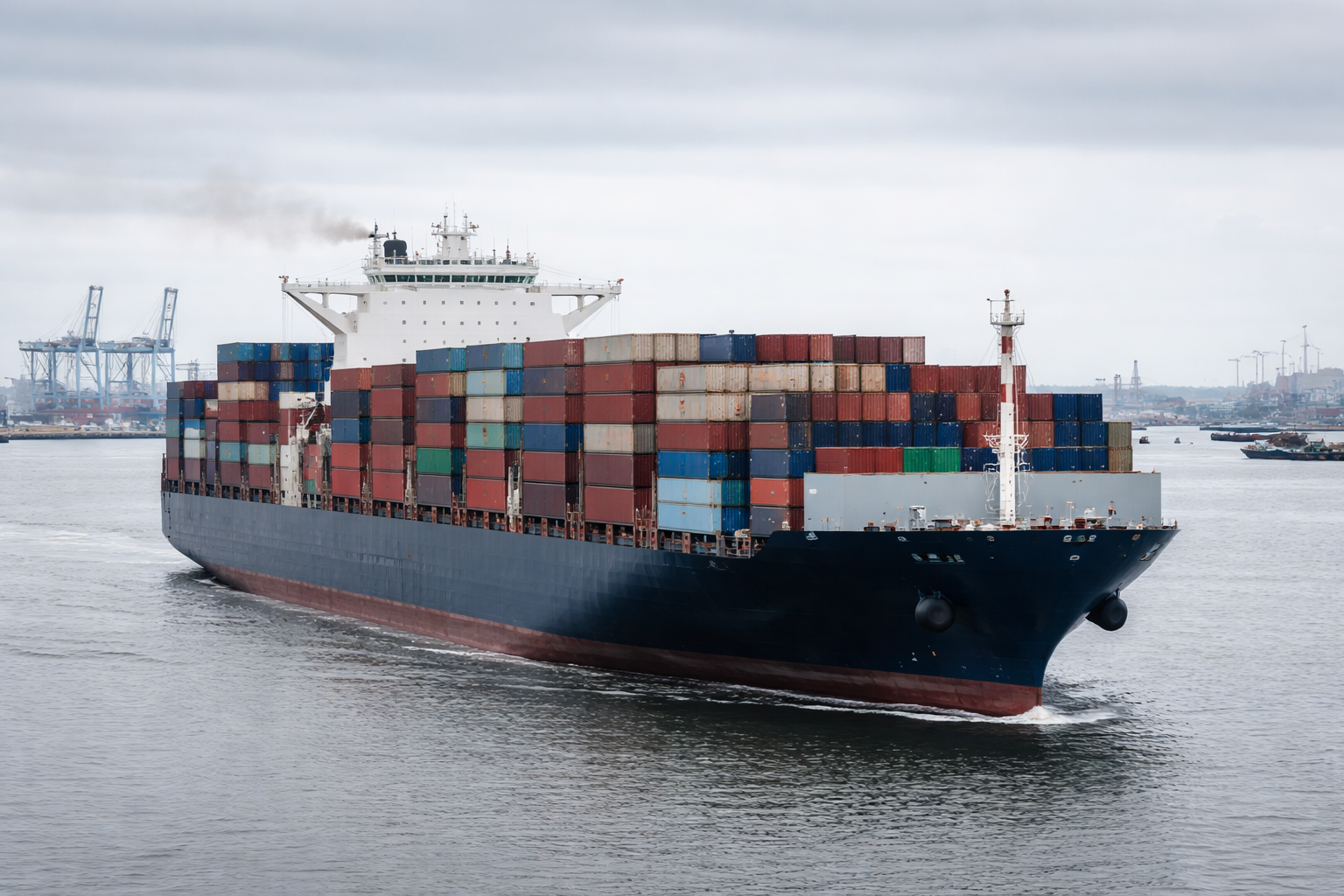 Large container cargo vessel in industrial port with stacked containers, neutral lighting, overcast sky, documentary style