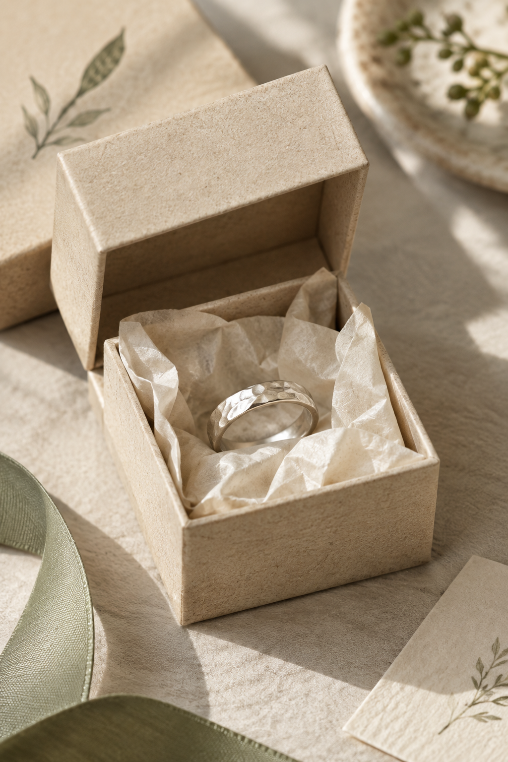 Open sand-colored jewelry box holding a handmade silver ring, nestled in soft cream tissue