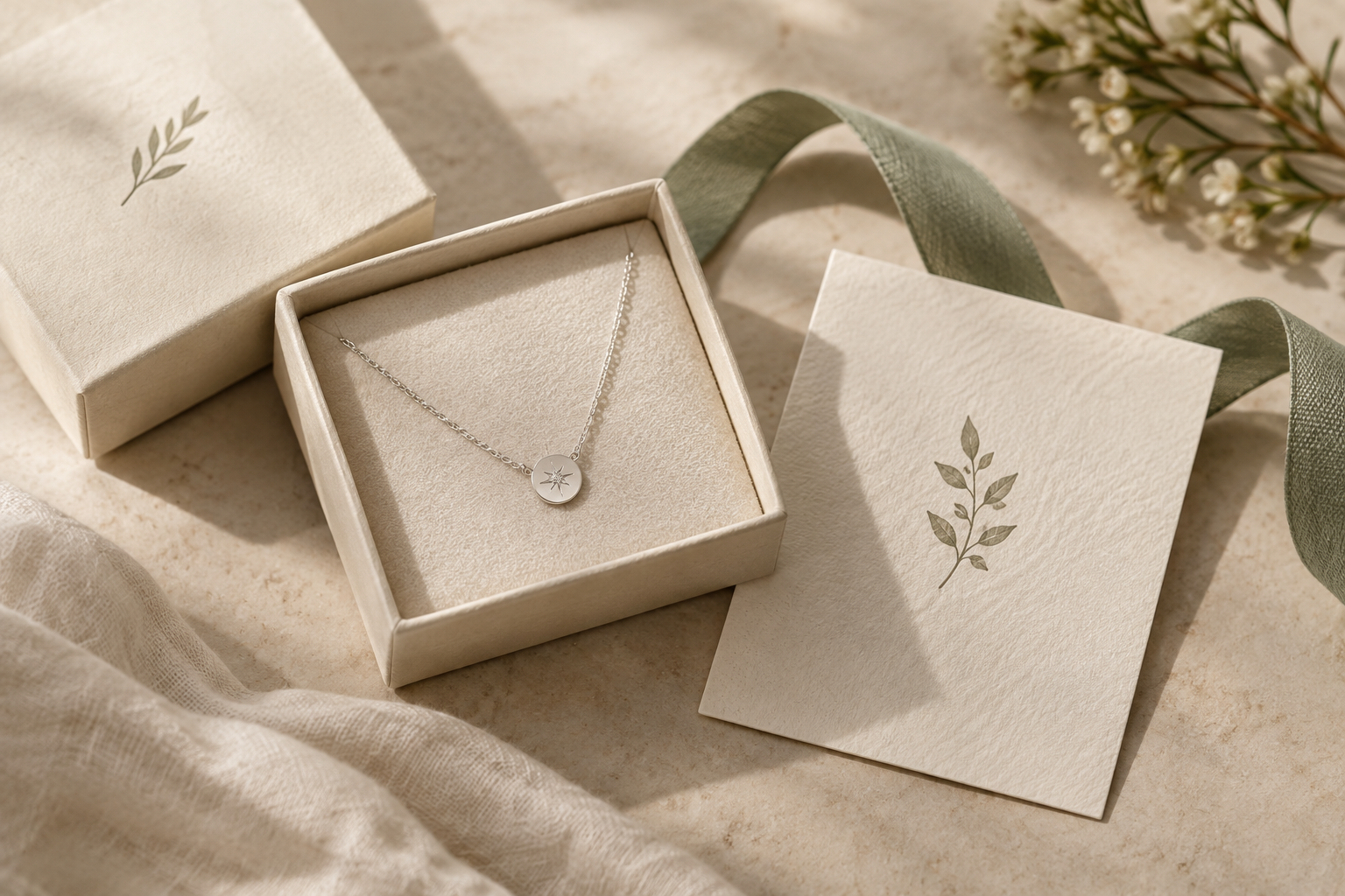 Neatly arranged small jewelry gift box, textured paper card, and delicate silver necklace