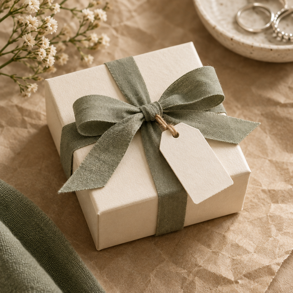Gift-ready jewelry box wrapped in natural paper with a soft sage ribbon