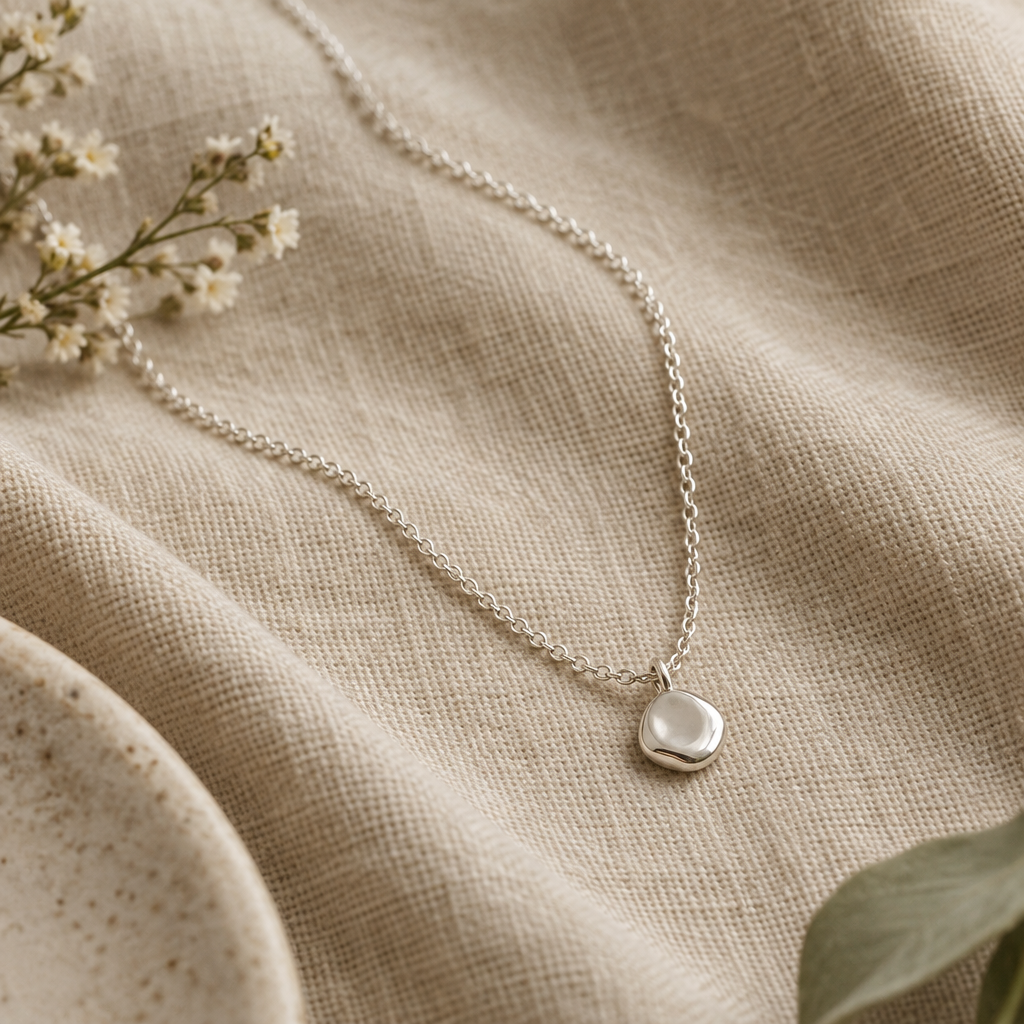 Fine silver necklace chain and small pendant resting against warm natural linen