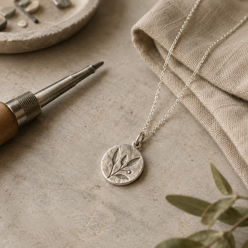 Artisan sterling silver pendant styled with a small hand tool and warm studio materials
