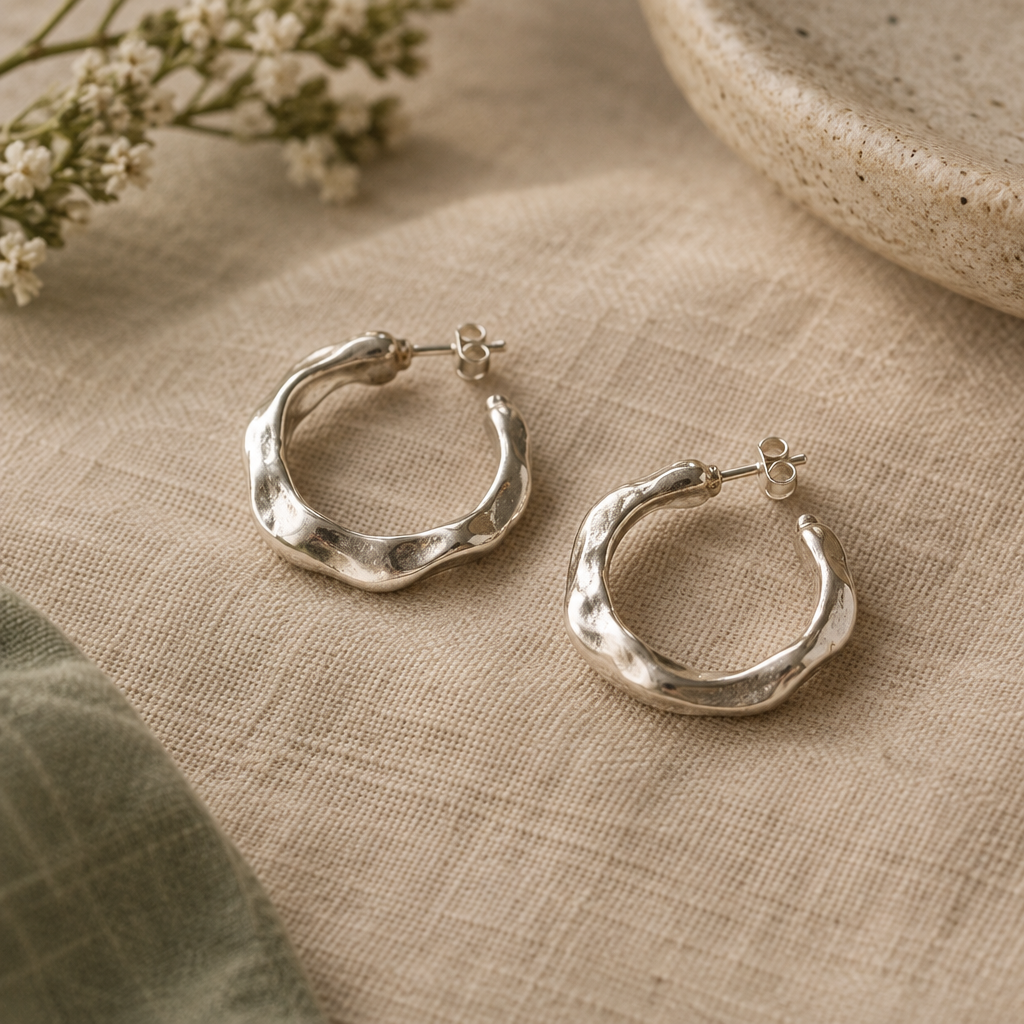 Pair of sculptural small-batch silver hoop earrings on a warm linen surface