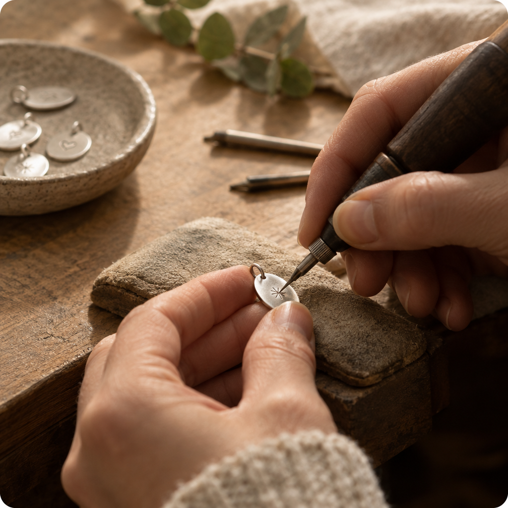Close view of a hand engraving a tiny personal mark into a silver jewelry tag