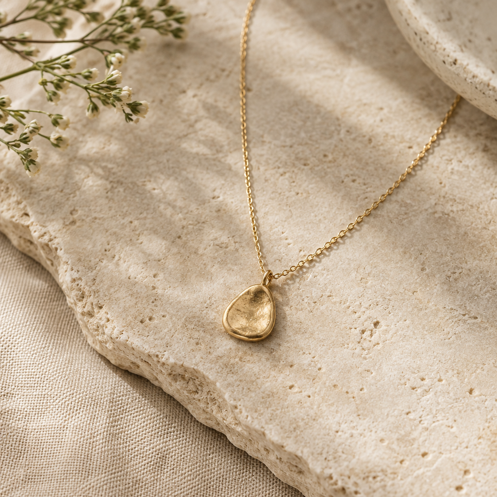 Delicate gold-toned necklace with a small organic-shaped pendant