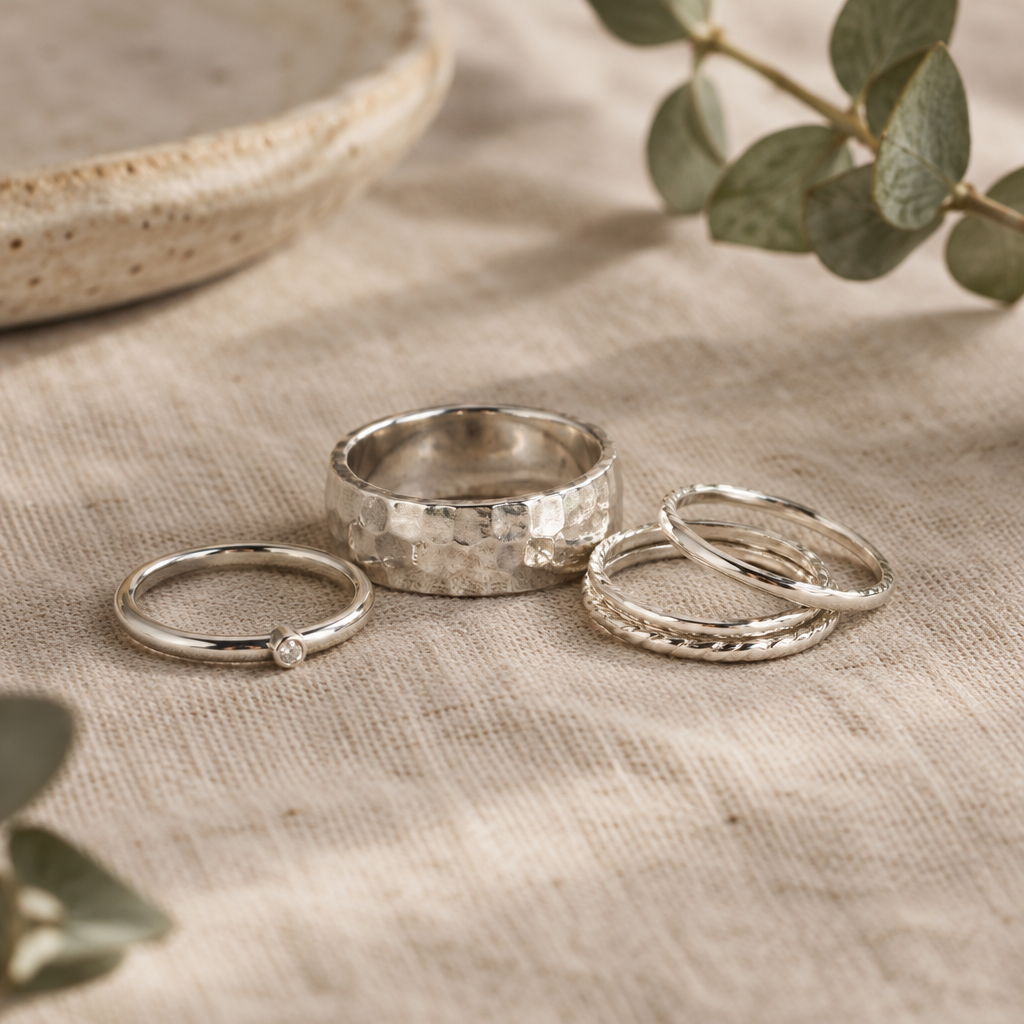 Handmade silver rings with softly hammered and polished finishes