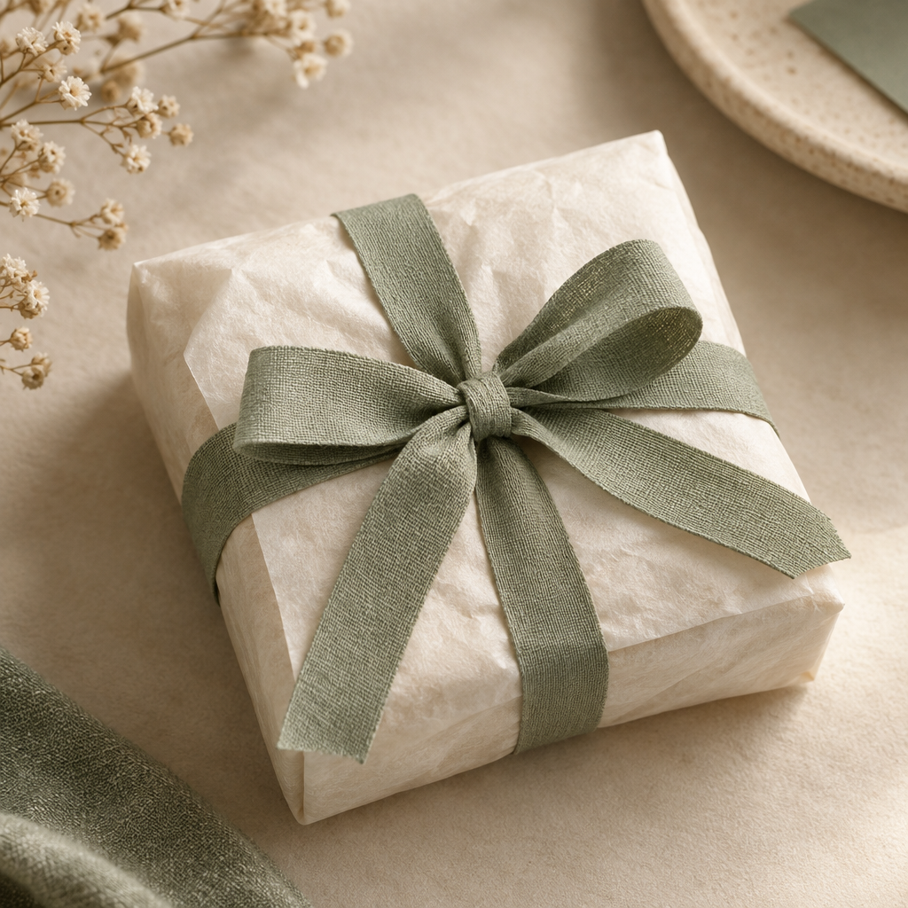 Close detail of ivory tissue paper tied with a muted sage ribbon