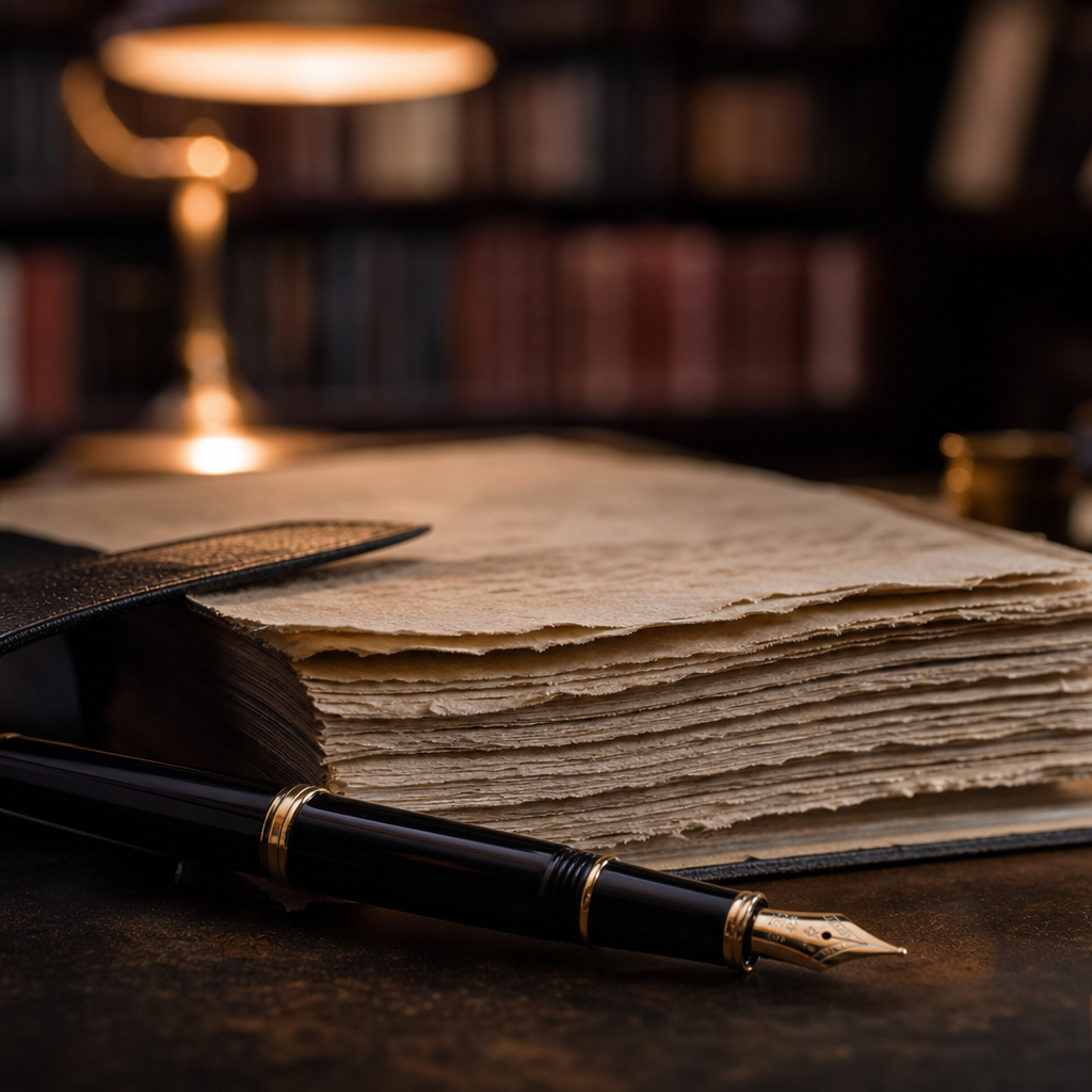 Atmospheric close-up of a fountain pen, deckled page edges, and warm reading lamp glow