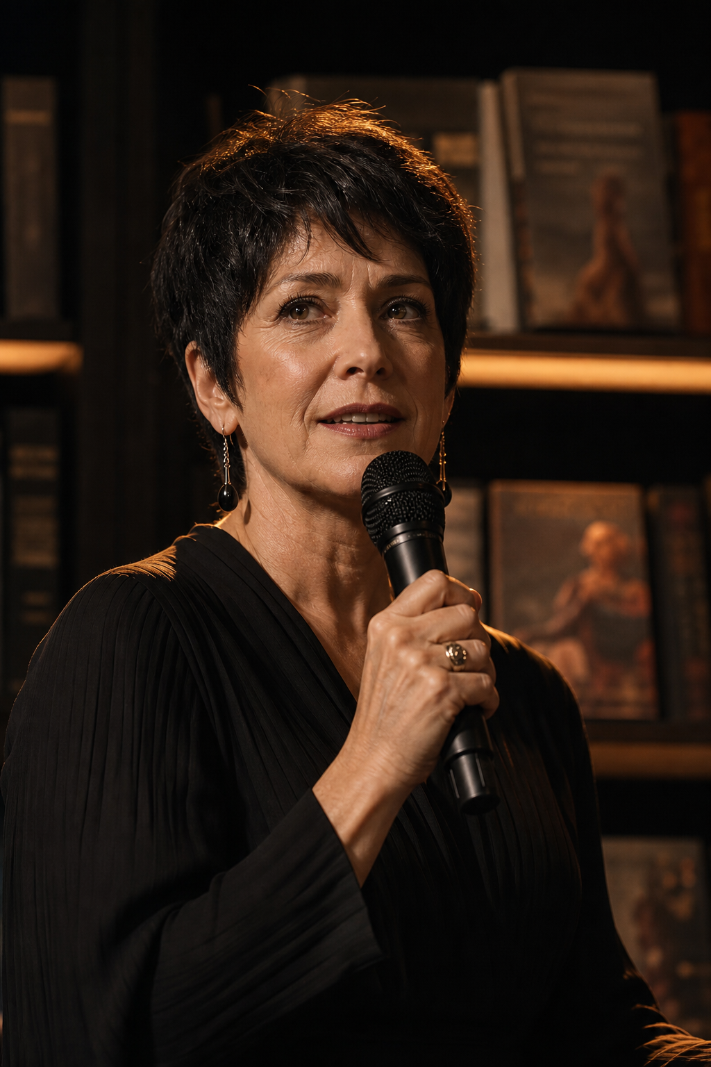 Close-up portrait of an author speaking into a microphone with books and stage lighting behind