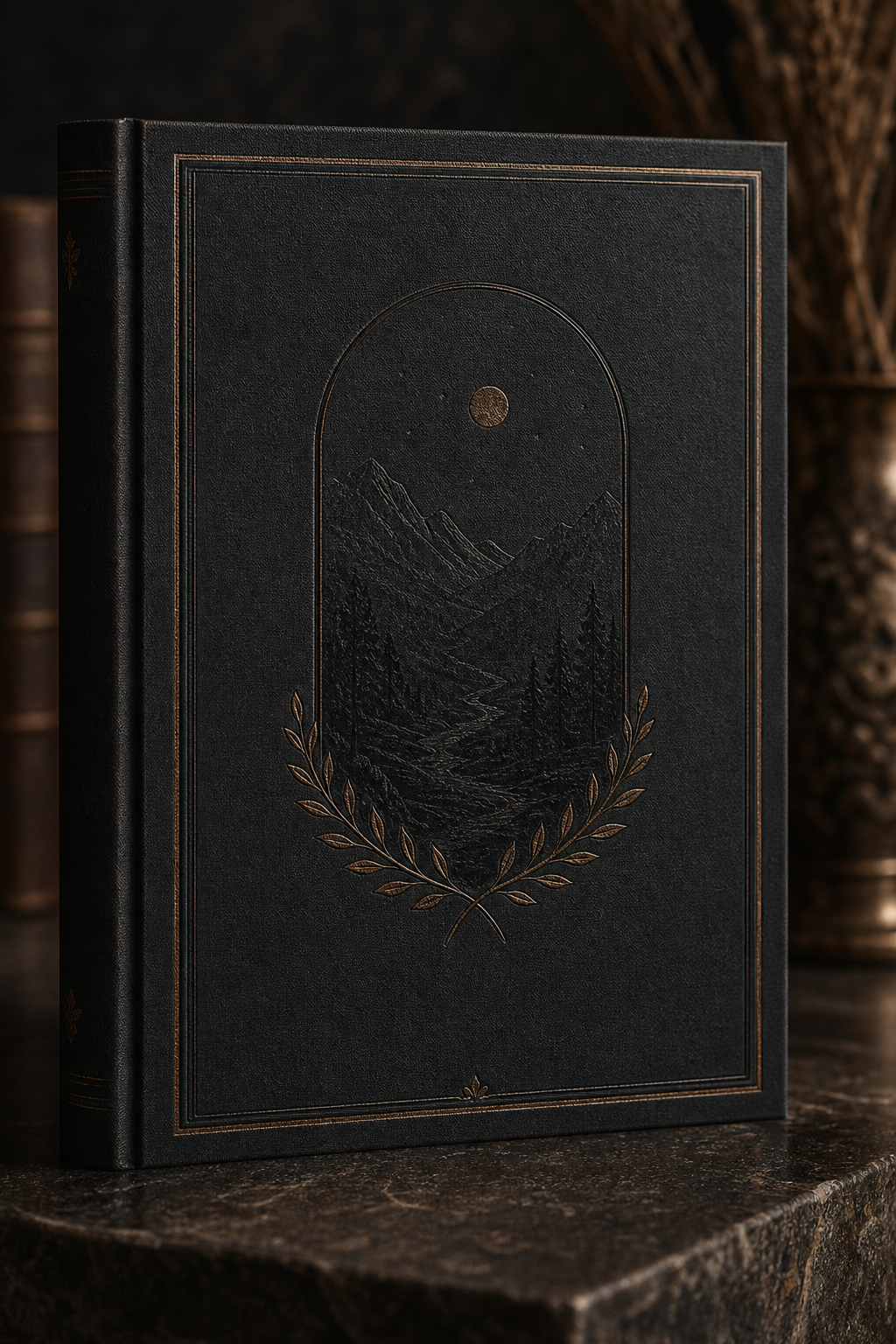 Close-up of a refined literary cover with embossed typography and textured paper details