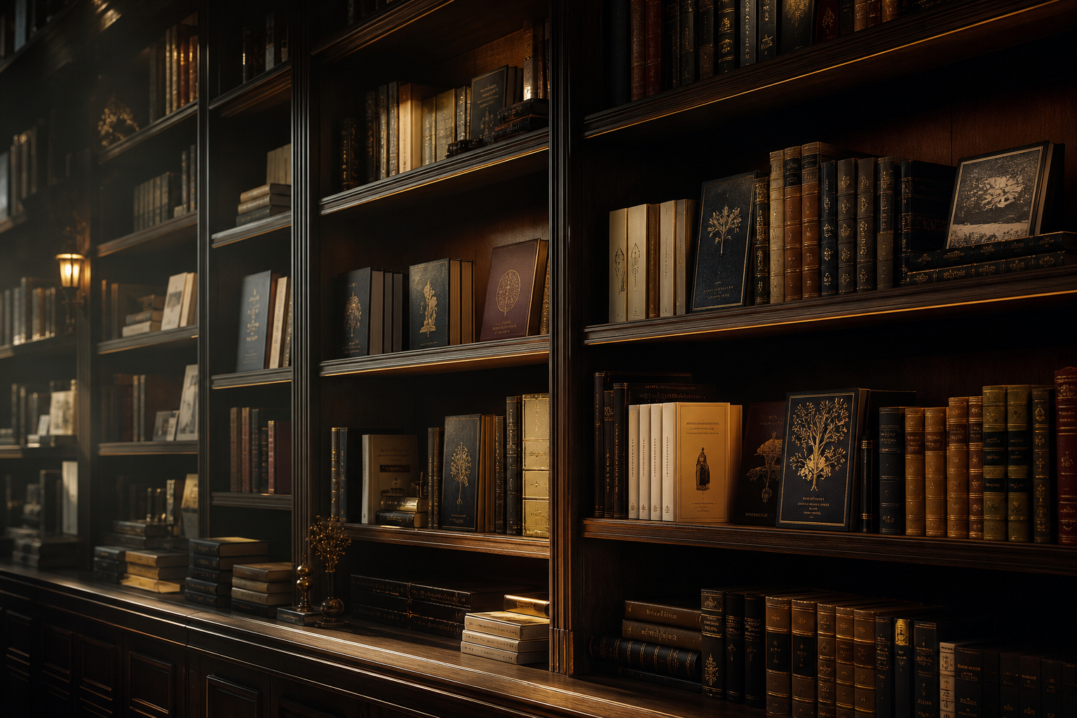 Dimly lit literary shelves with premium hardcovers and warm editorial atmosphere