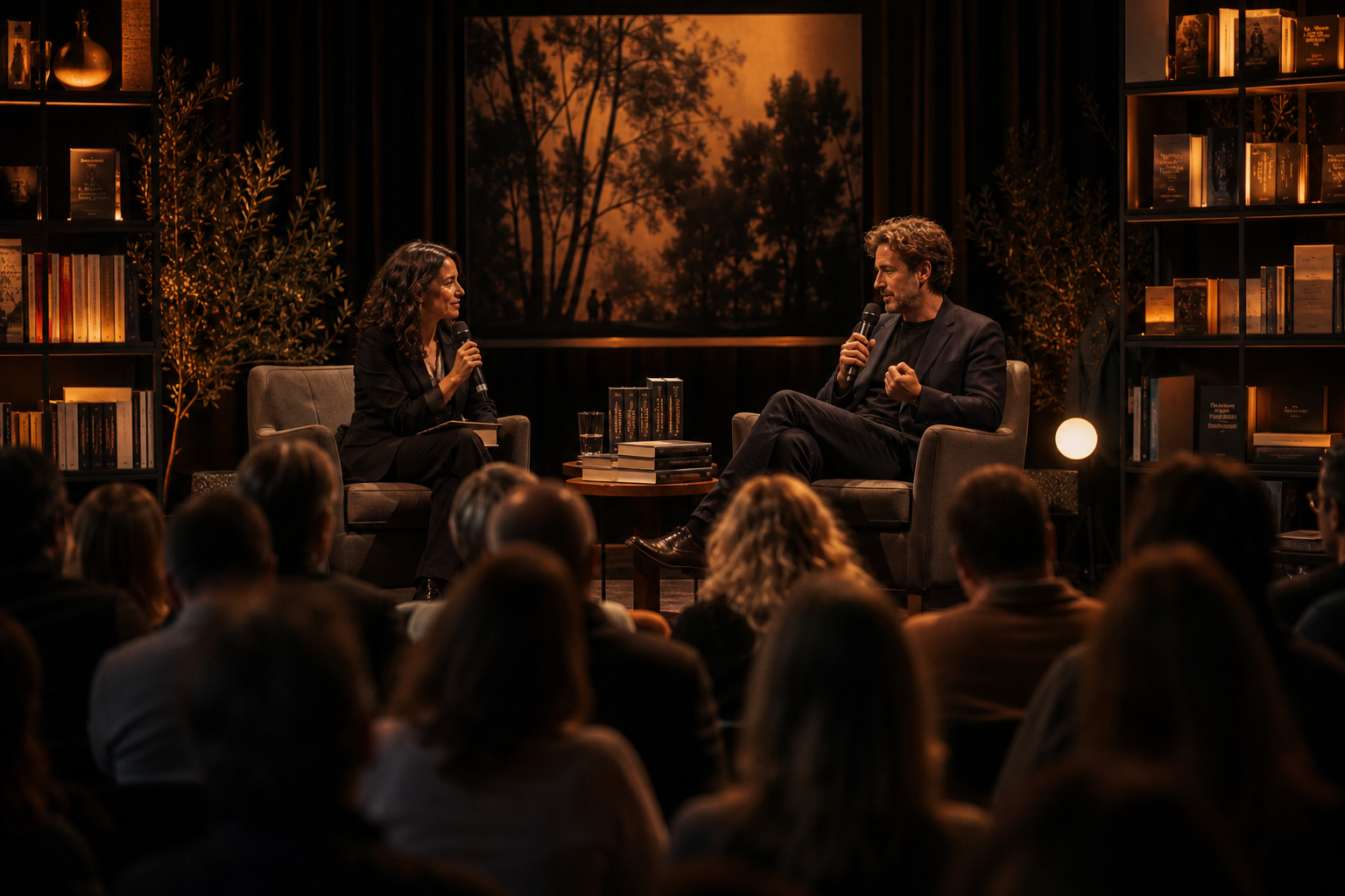 Warmly lit literary stage with two seated speakers in conversation before an intimate audience
