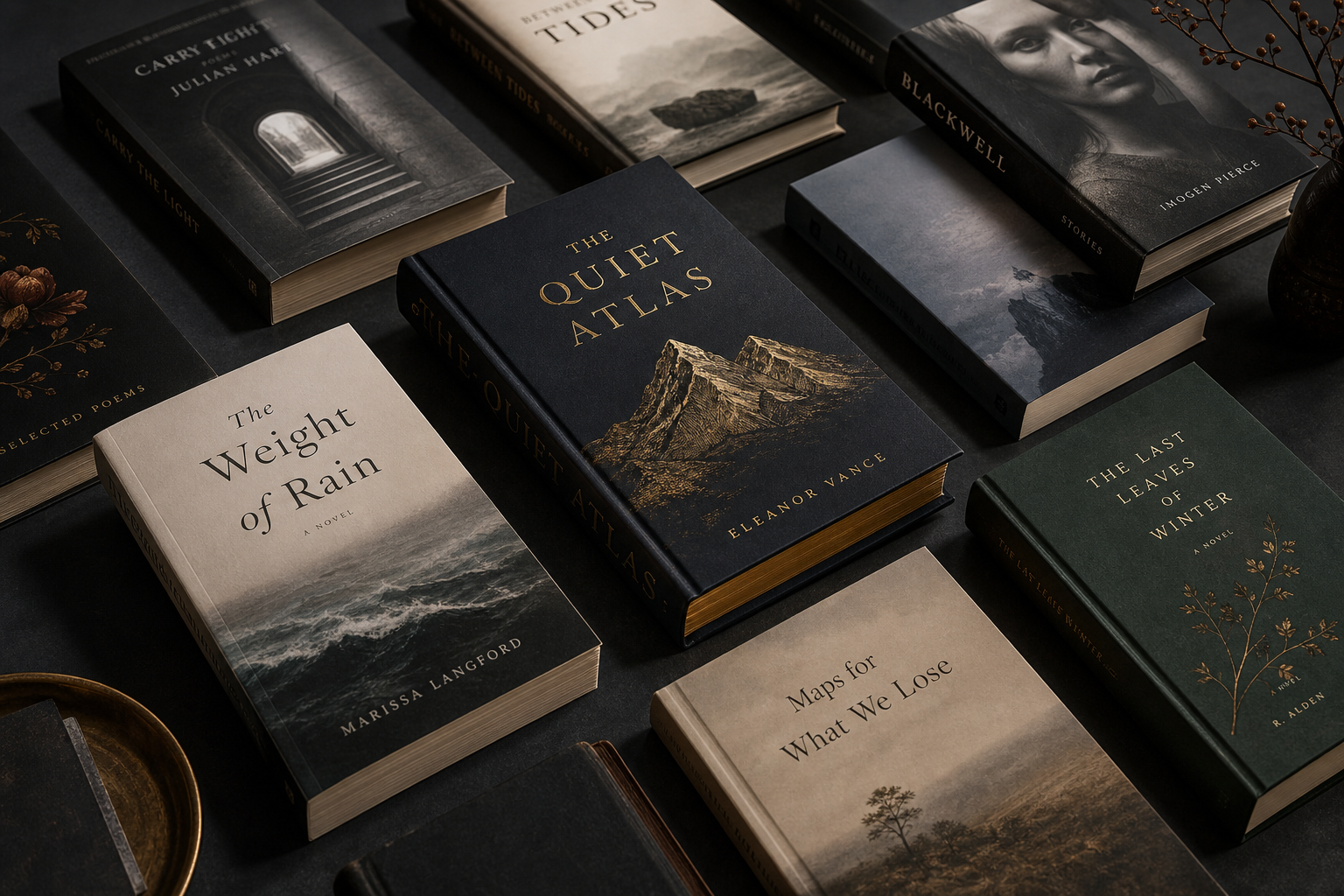 Editorial composition of premium hardback and paperback book covers arranged on a dark studio surface with refined lighting