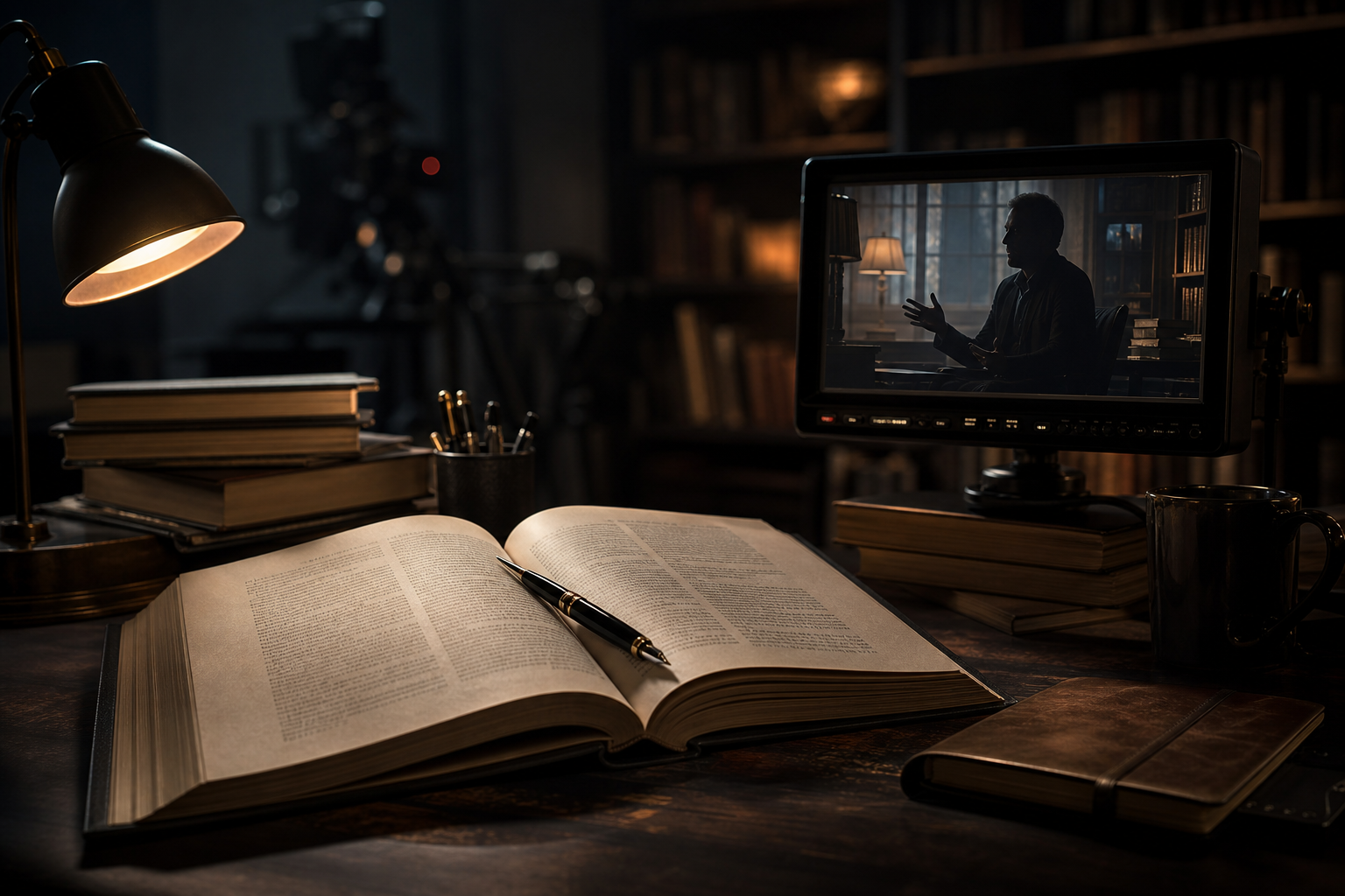 Cinematic literary studio scene with an open hardcover book, fountain pen, and warm desk lighting beside a paused interview monitor