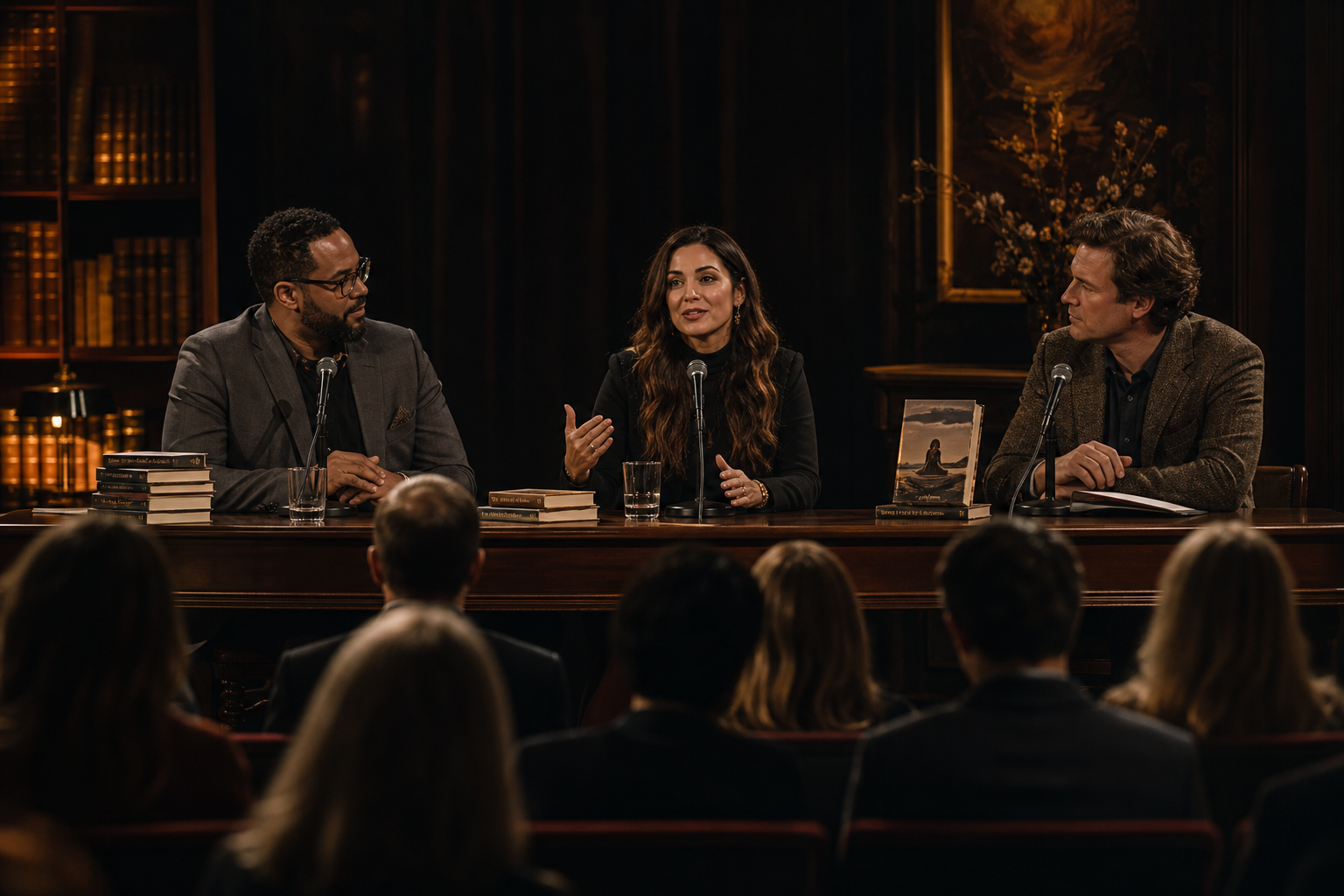 Cinematic literary panel recording with three authors in conversation under warm stage light, books and table microphones in foreground