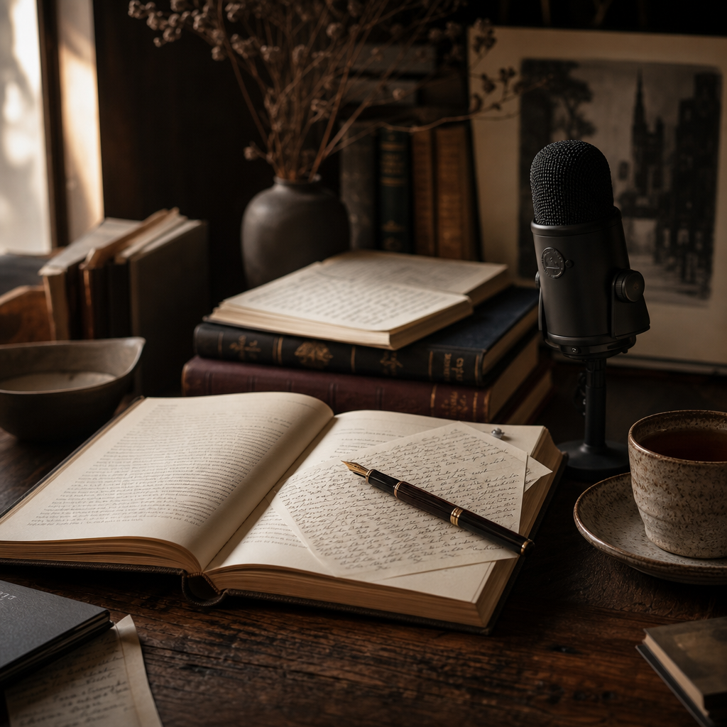 Intimate reading circle scene with open hardback books, notebook annotations, and a studio microphone beside a cup of tea