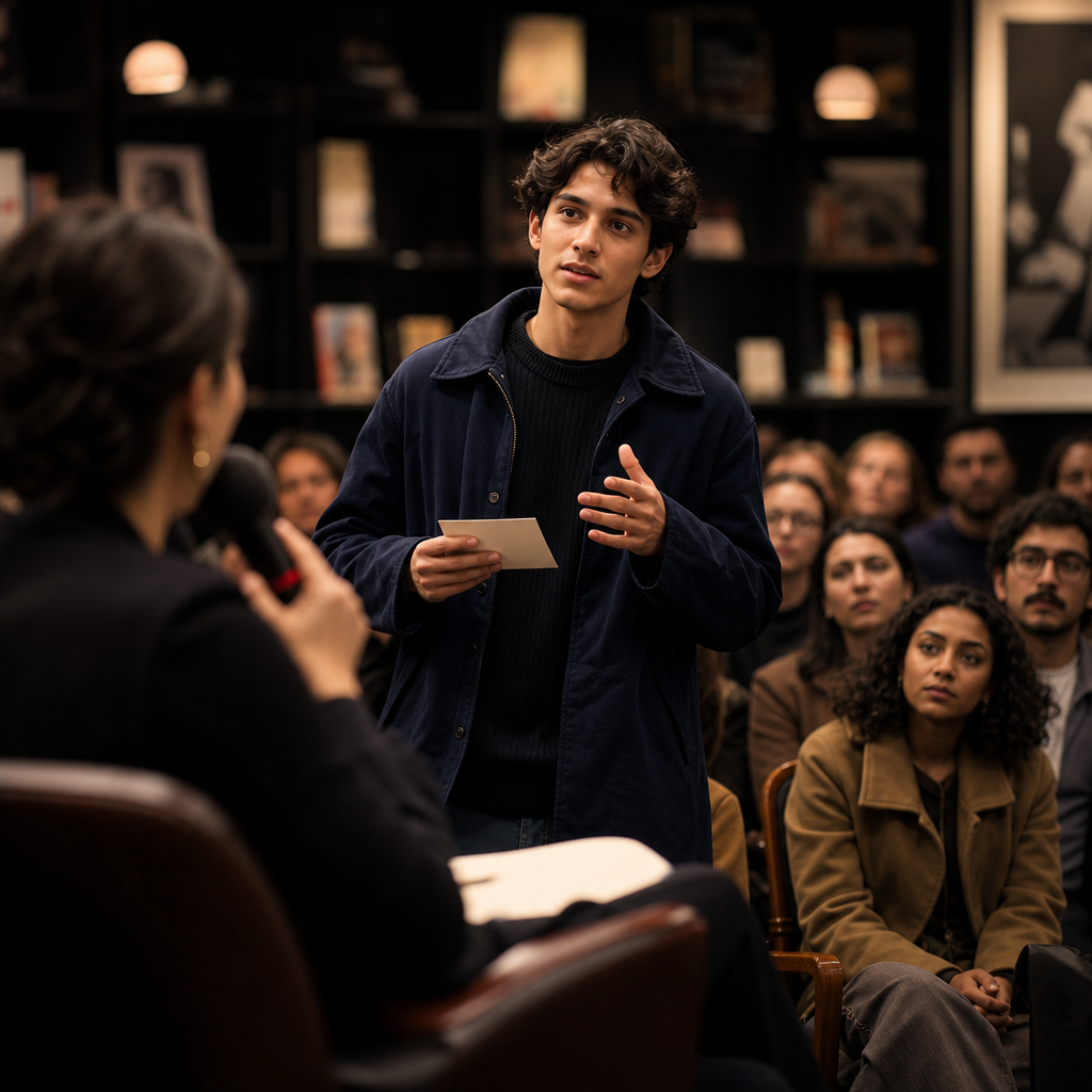 Reader in the audience asking a question during a live moderated literary discussion