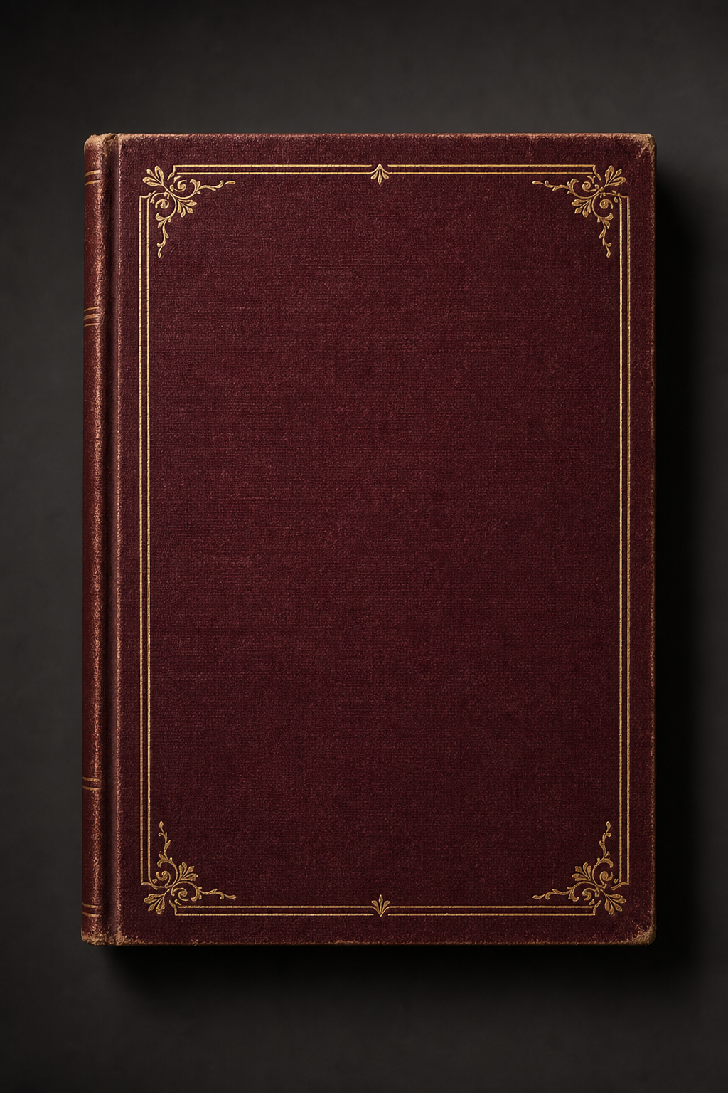 Classic serif literary book cover mockup in deep burgundy cloth texture with gold-foil title frame