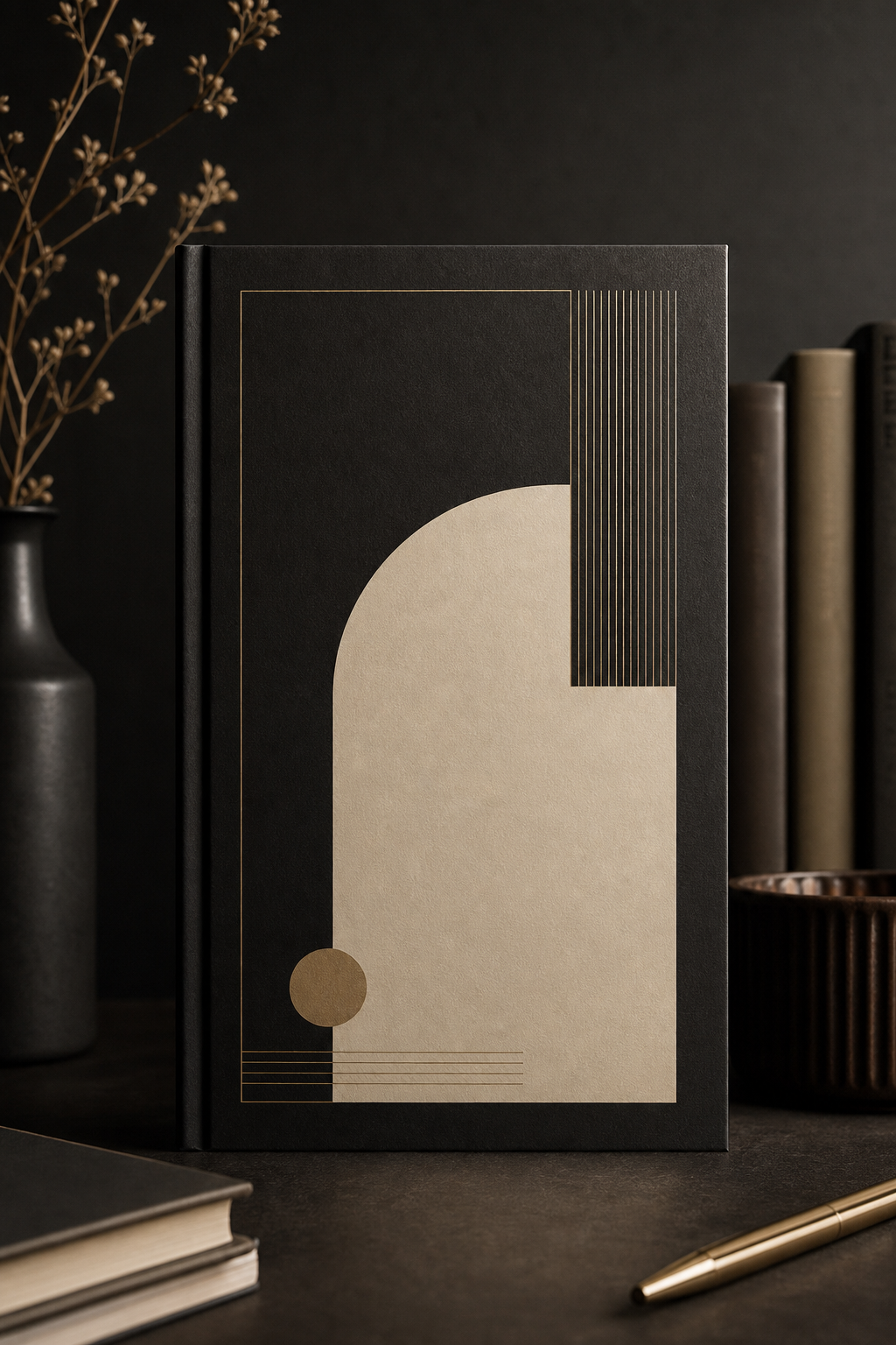Modern minimalist literary book cover mockup in charcoal and ivory with centered typographic composition