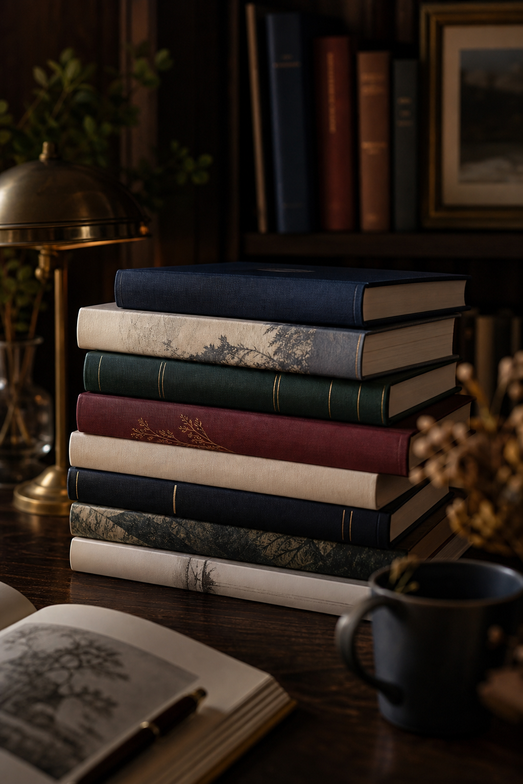 Curated stack of premium hardcover and paperback books arranged on a dark editorial desk
