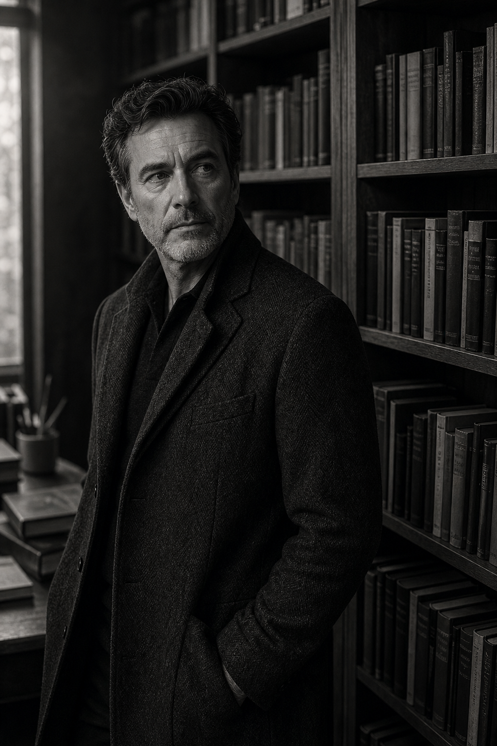 Black-and-white portrait of a middle-aged novelist in a charcoal coat beside tall bookshelves