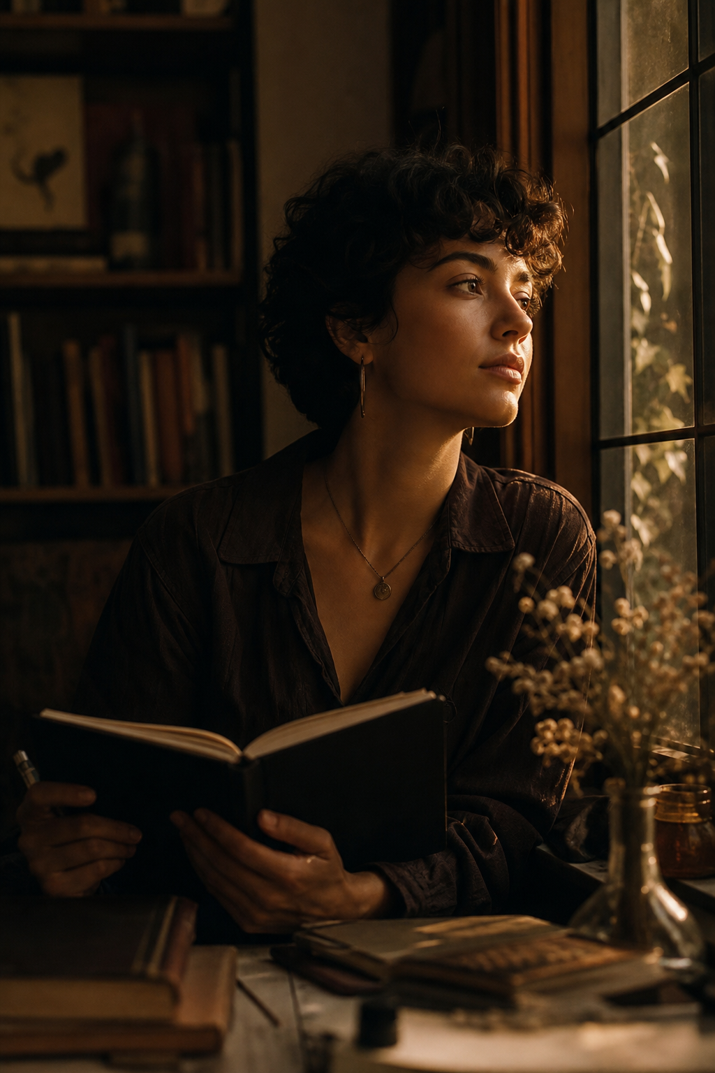 Warm-toned portrait of a young poet with short curls seated near a sunlit window