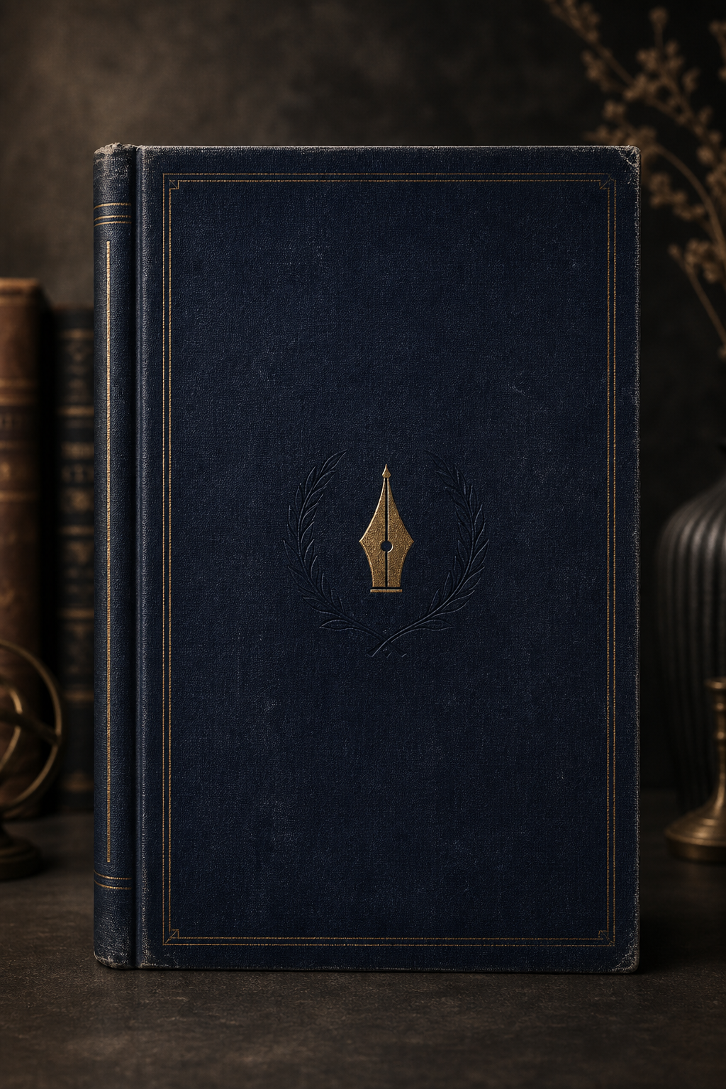 Elegant deep-navy hardback book cover with serif title embossing and a gold spine line