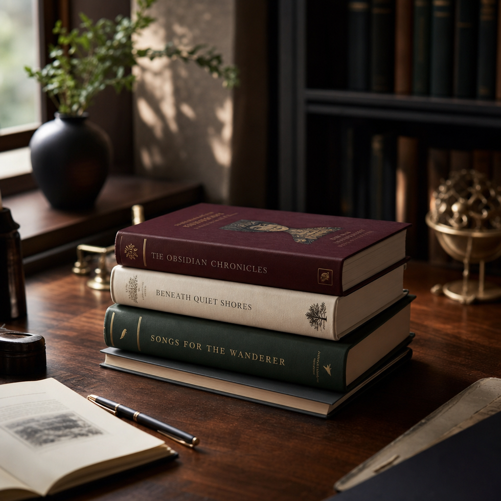 Stacked contemporary literary books with textured jackets on an editorial reading table