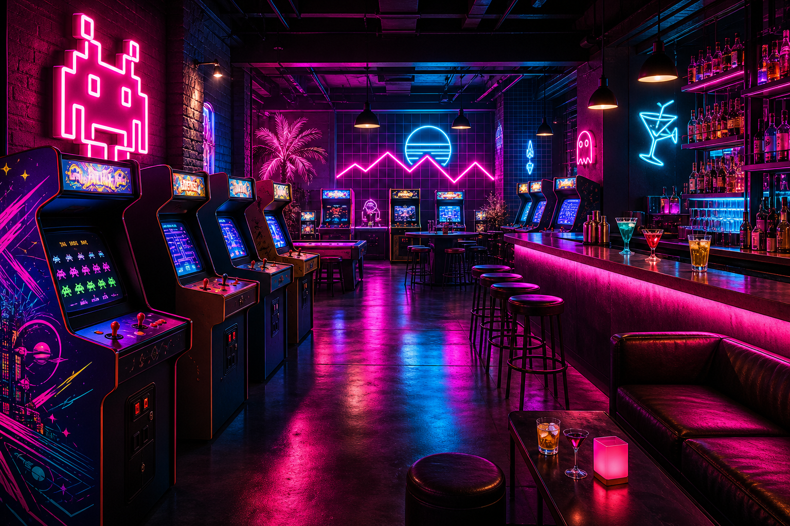 Neon-lit retro arcade bar interior with glowing cabinets, illuminated bar counter, and lively social nightlife atmosphere