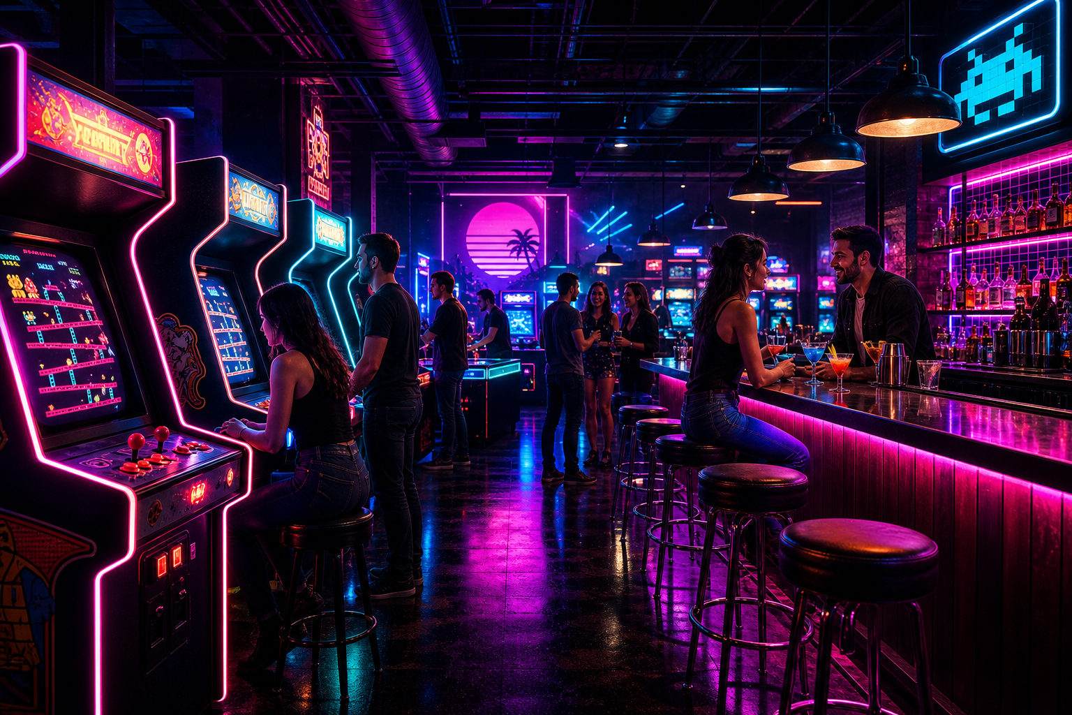 Neon arcade lounge atmosphere with glowing cabinets, cozy bar seating, and energetic nightlife mood