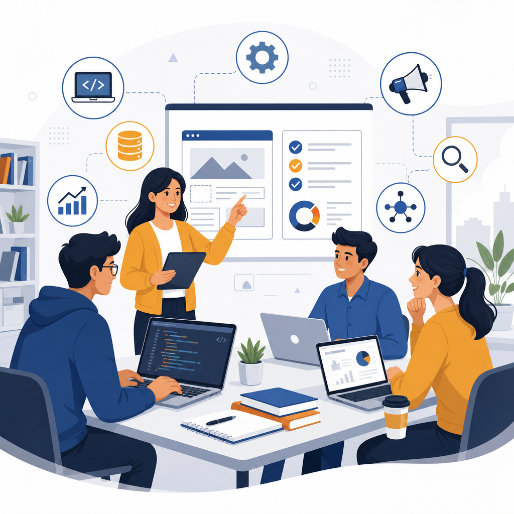 Line-and-shape educational illustration showing focused learners, digital skill tools, and project-based training environment