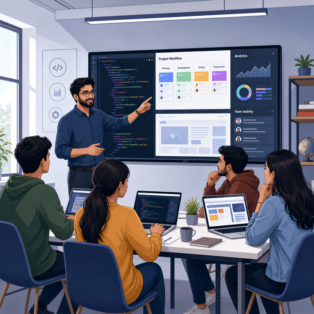 Instructor guiding students on a collaborative project dashboard during practical digital training