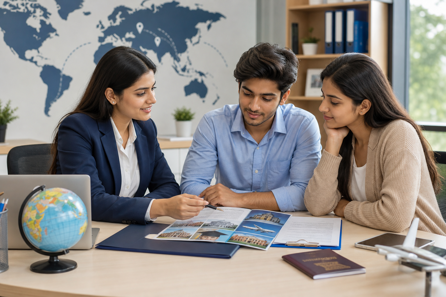 Ambitious students reviewing admission documents with passports and a globe in a modern study-abroad counseling setting