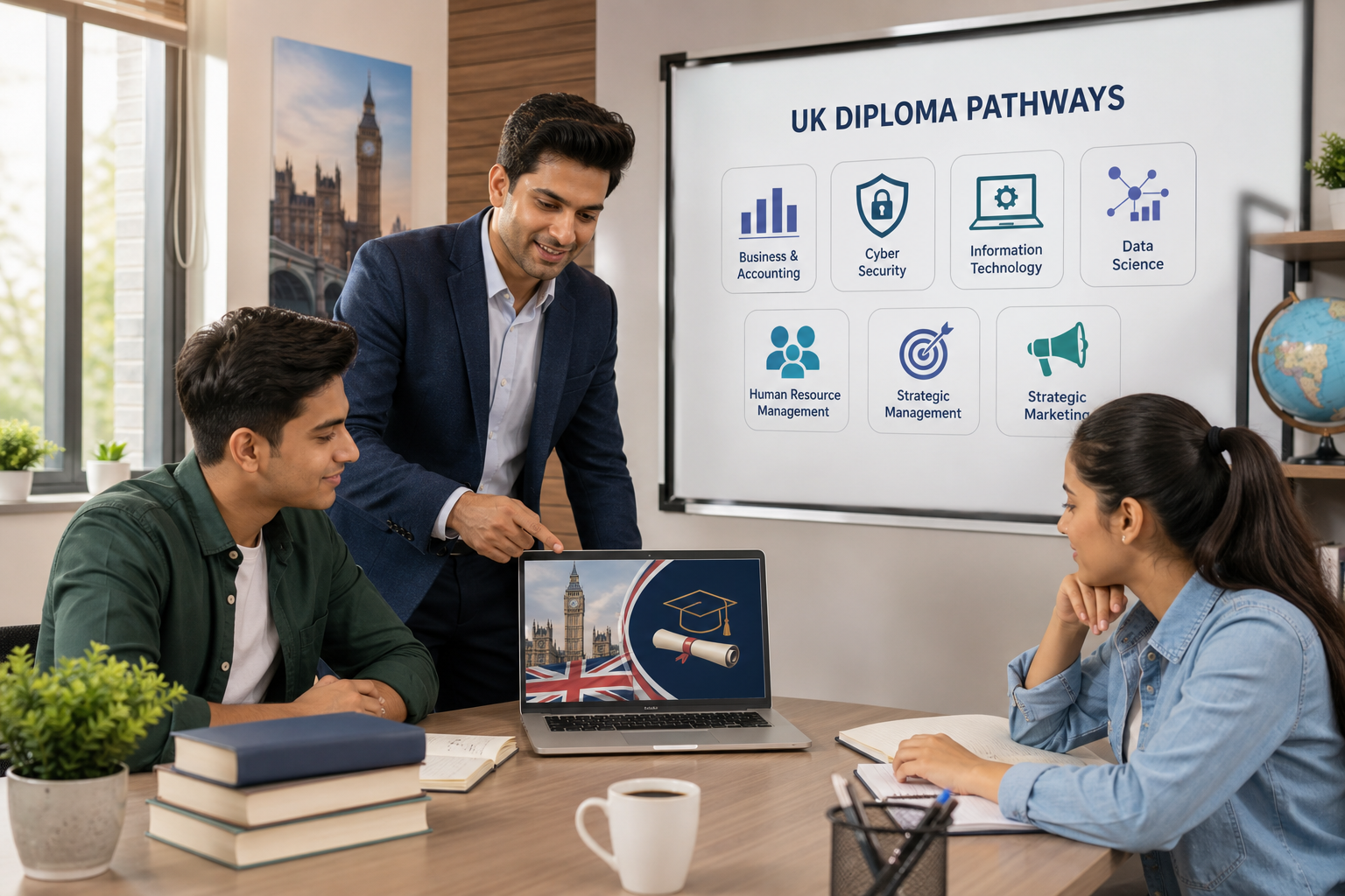 Polished educational visual showing learners reviewing UK diploma options in a modern training setting