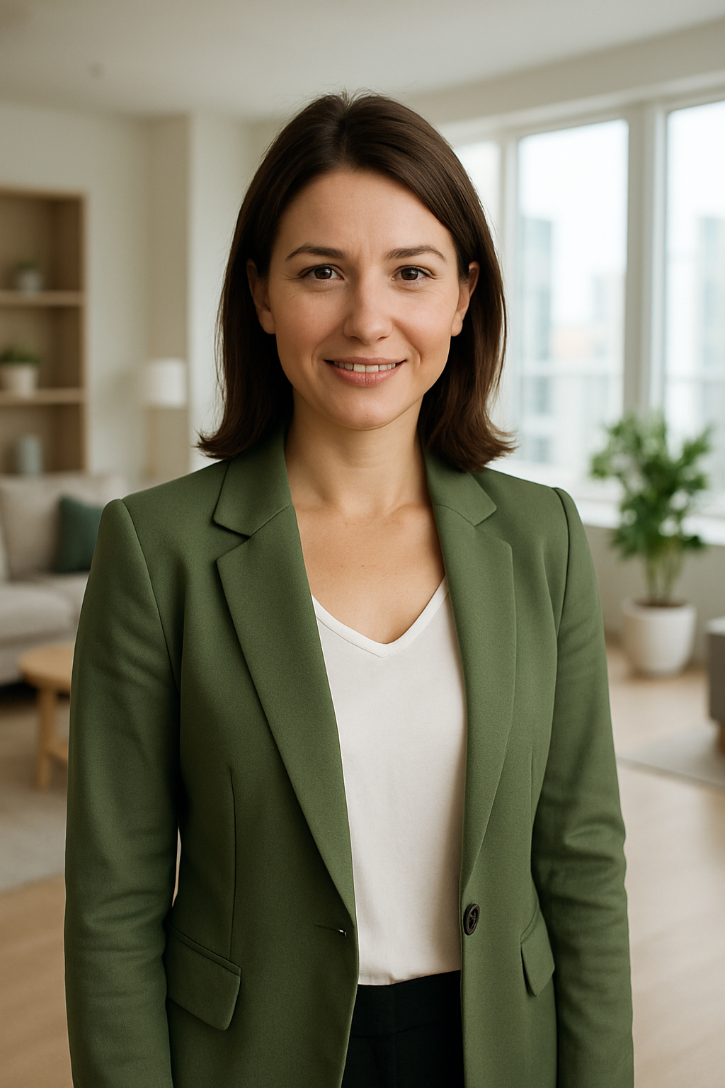 Olha Melnyk, professional real estate agent in Kyiv, standing confidently in a modern apartment interior