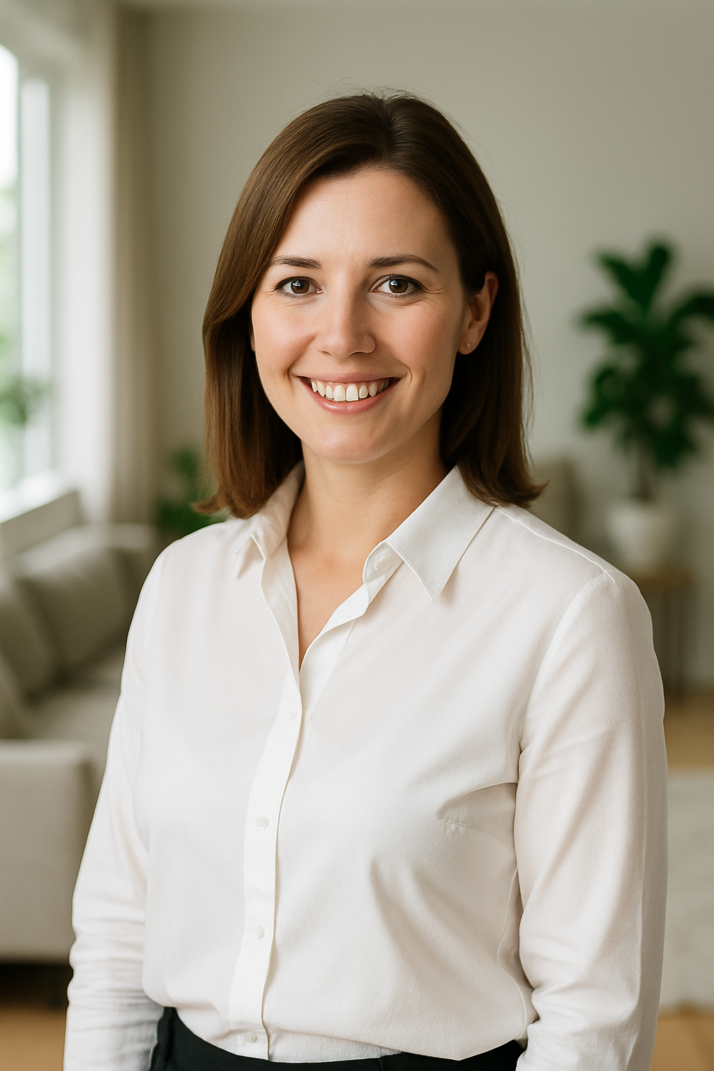 Professional portrait of Olha Melnyk, Kyiv real estate agent, smiling confidently in a modern bright interior