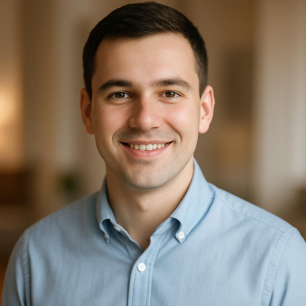 Portrait of Andriy Kovalenko, a young professional man with short dark hair