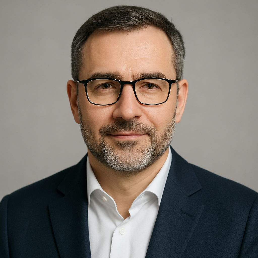 Portrait of Dmytro Bondar, a man in his 40s with glasses and a trimmed beard wearing a blazer