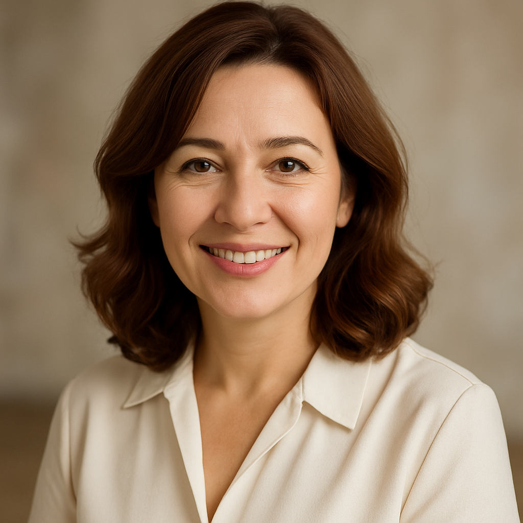 Portrait of Iryna Shevchenko, a middle-aged woman with auburn hair and a warm smile