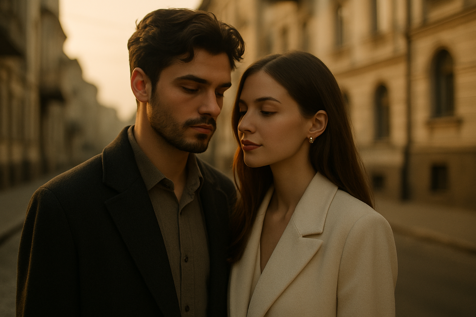 Cinematic portrait of a stylish couple in warm light