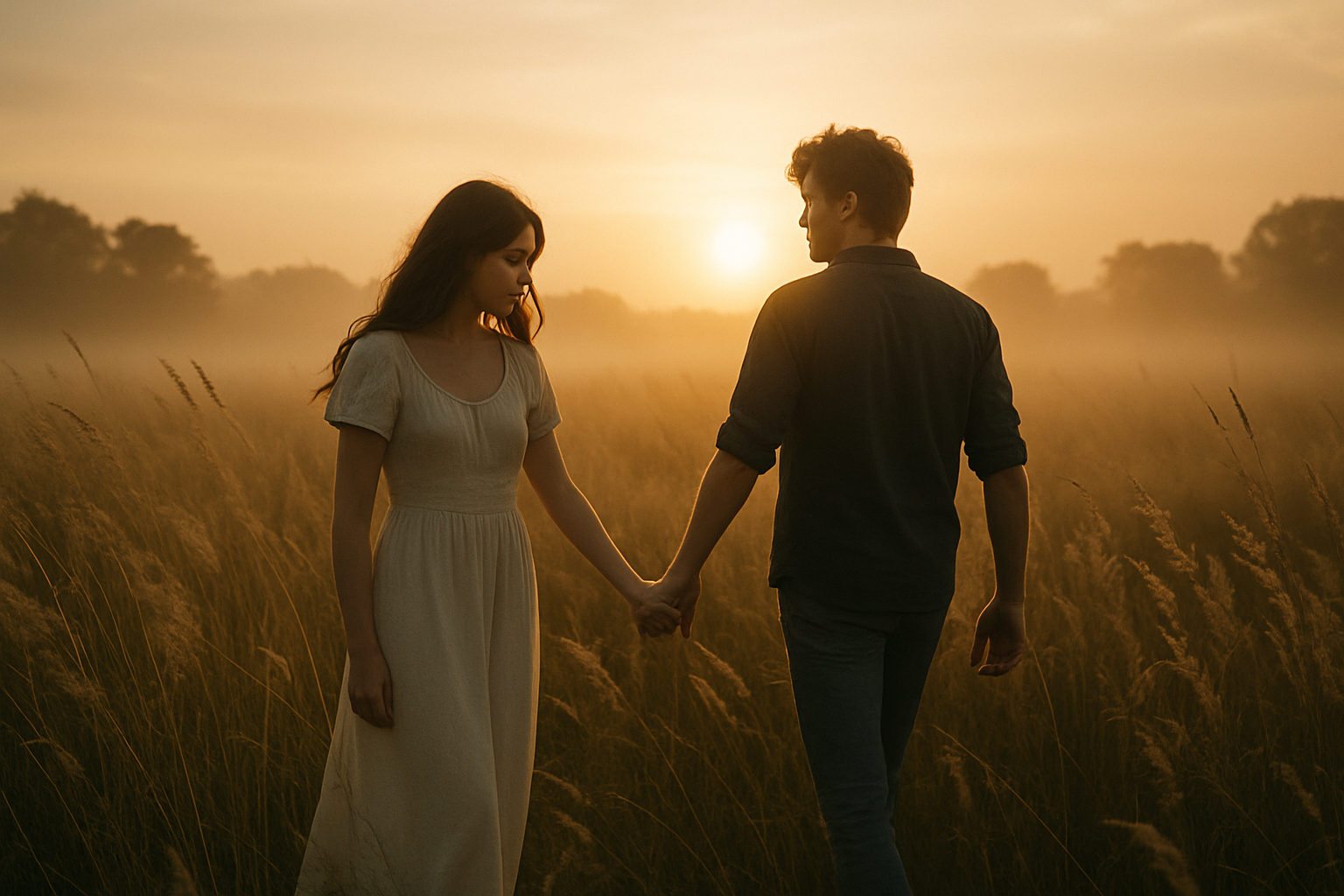 Couple walking in a sunset field