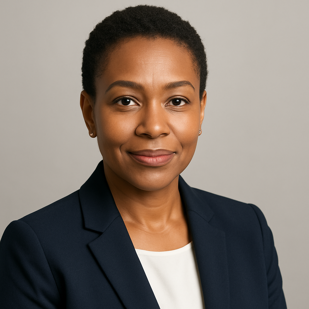 Professional headshot of a middle-aged Black woman with short natural hair wearing a navy blazer