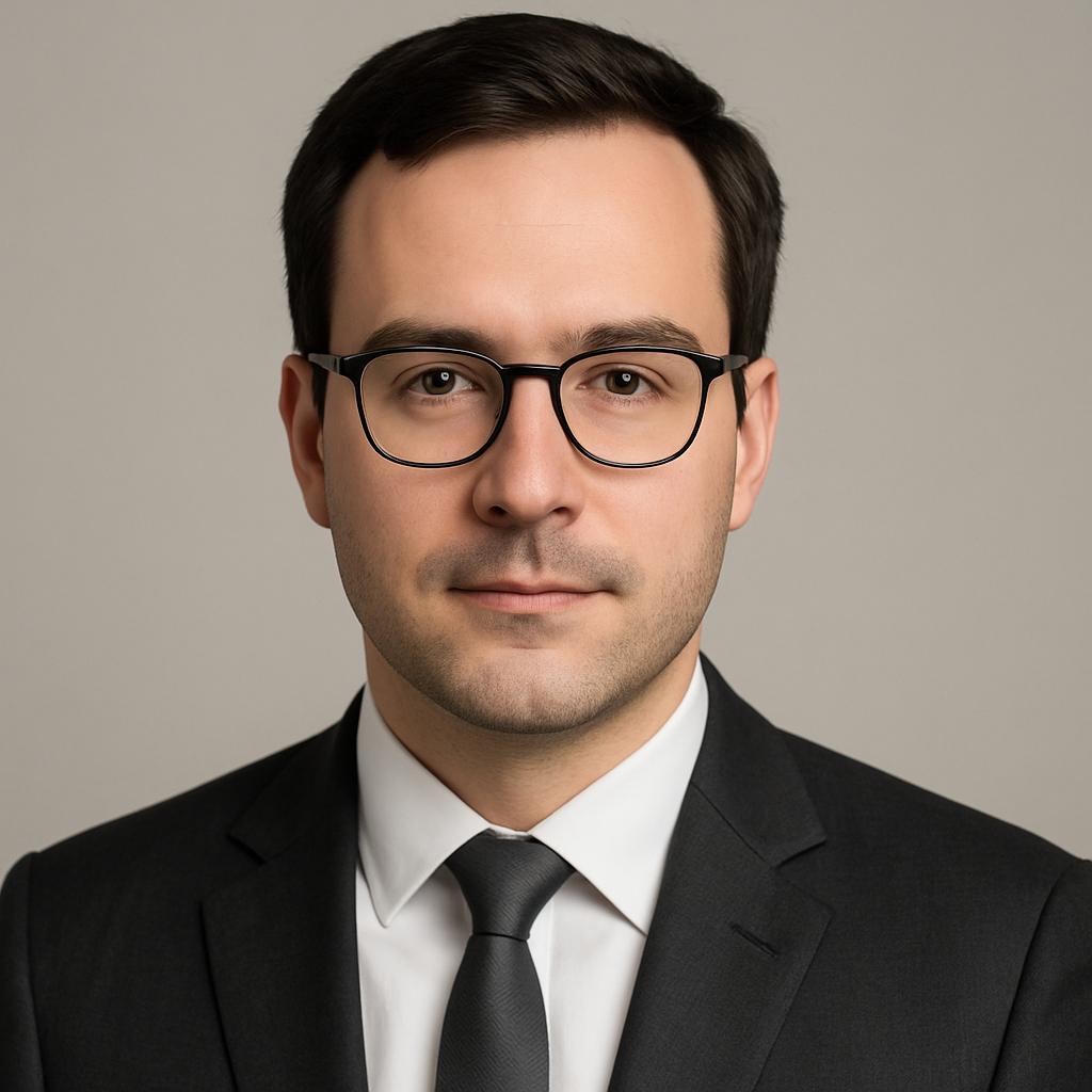Professional headshot of a white man with dark hair and glasses wearing a charcoal suit