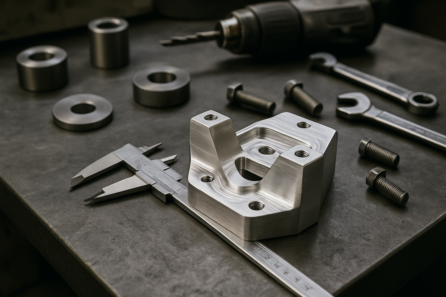 Industrial workshop bench with metal parts, calipers, and a CNC component in progress